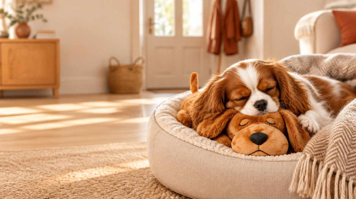 Chiot endormi contre sa peluche dans son panier