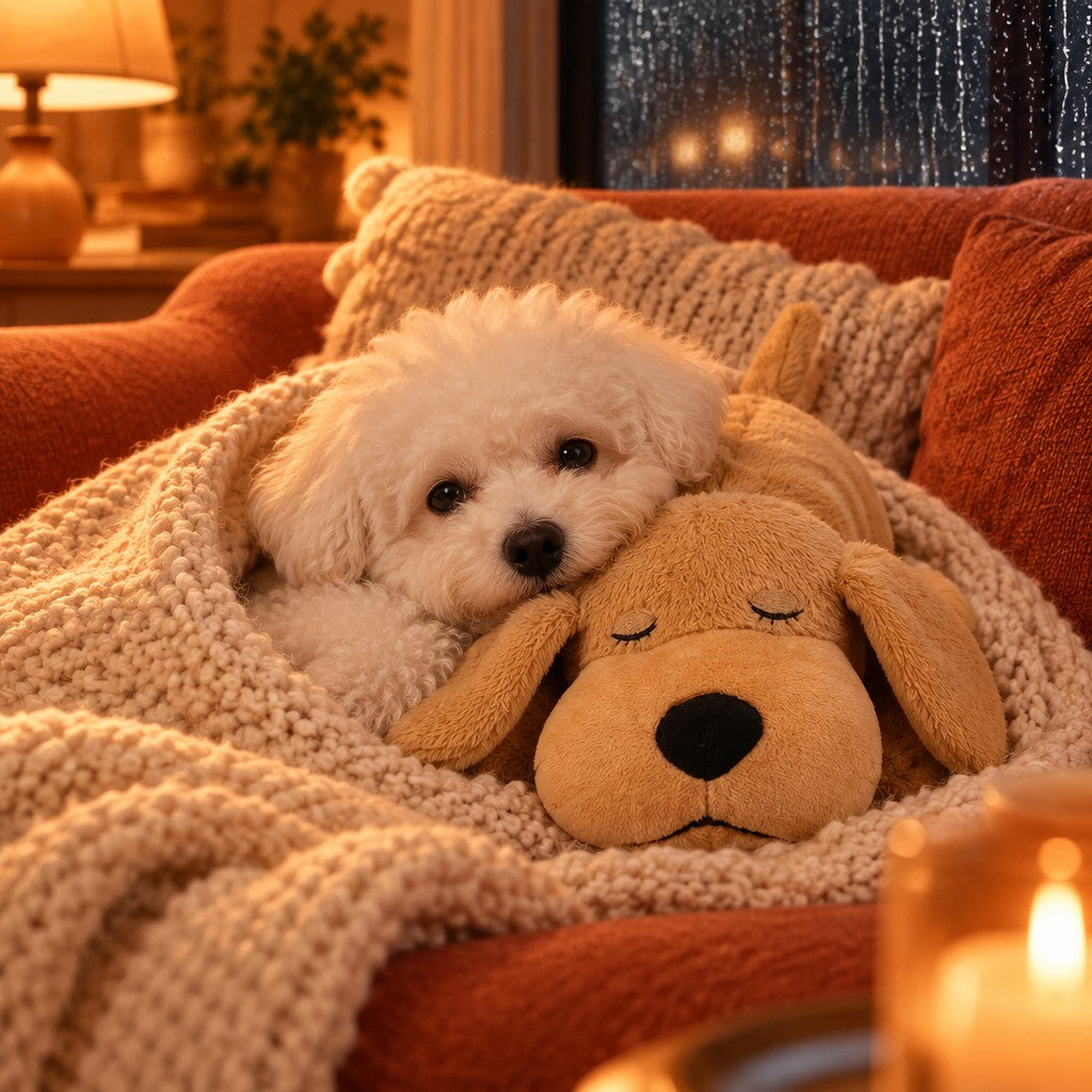 Chien blotti contre sa peluche