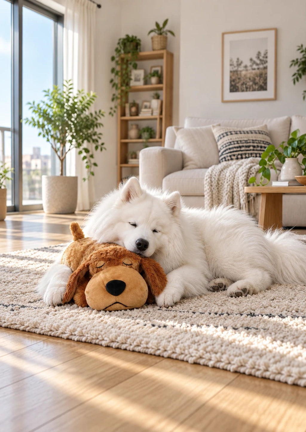 Samoyède apaisé avec sa peluche à cœur battant