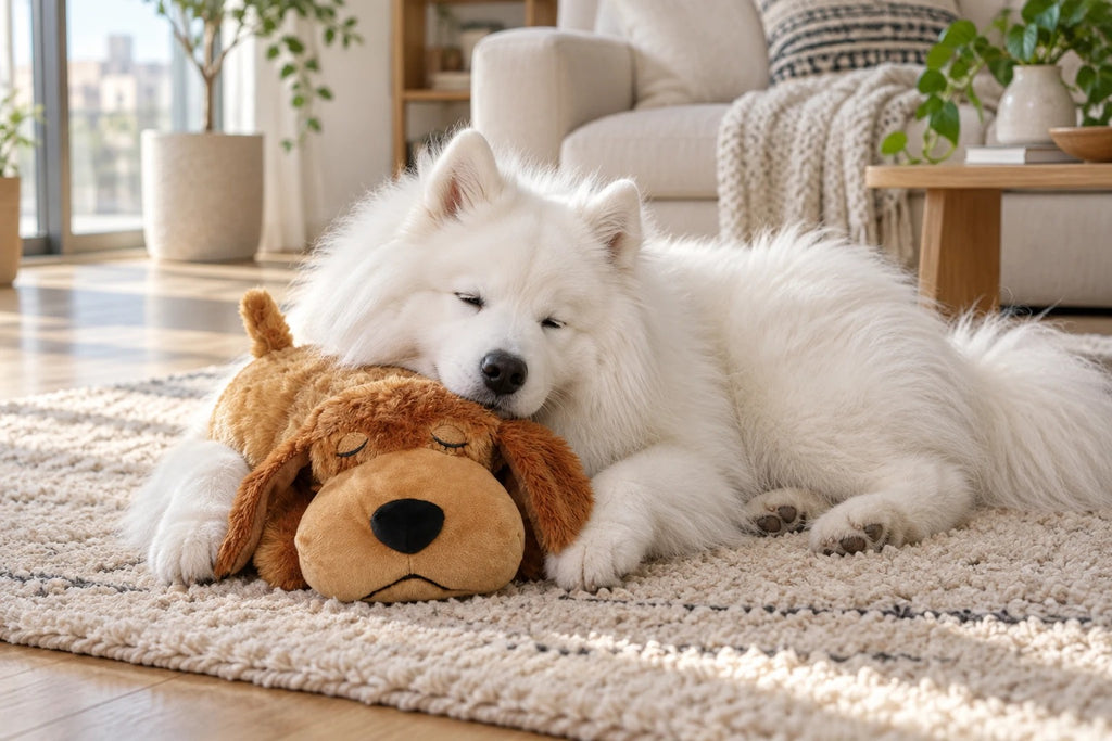 Samoyède endormi contre sa peluche Cœur Câlin dans le salon