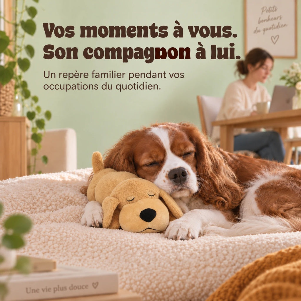 Vos moments à vous, son compagnon à lui : cavalier king charles blotti contre la peluche