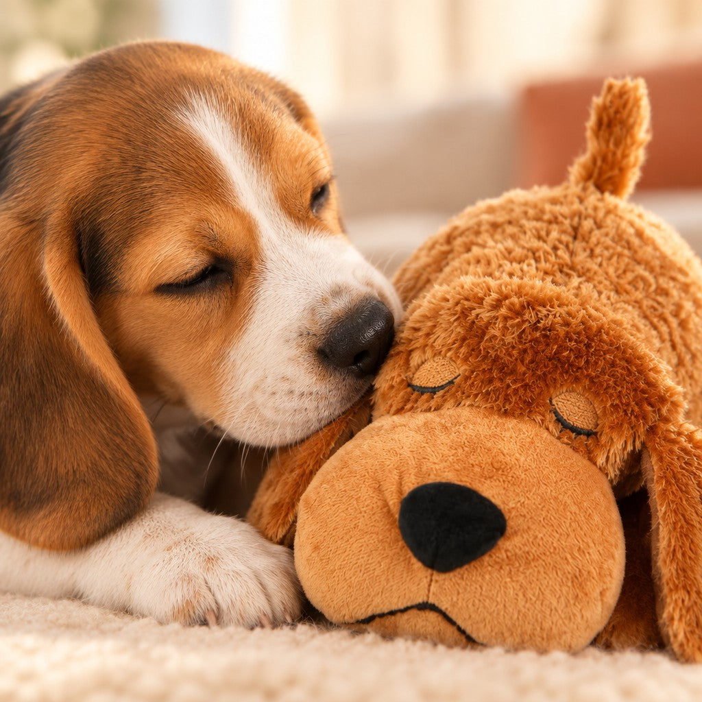 Chien qui écoute le cœur de sa peluche