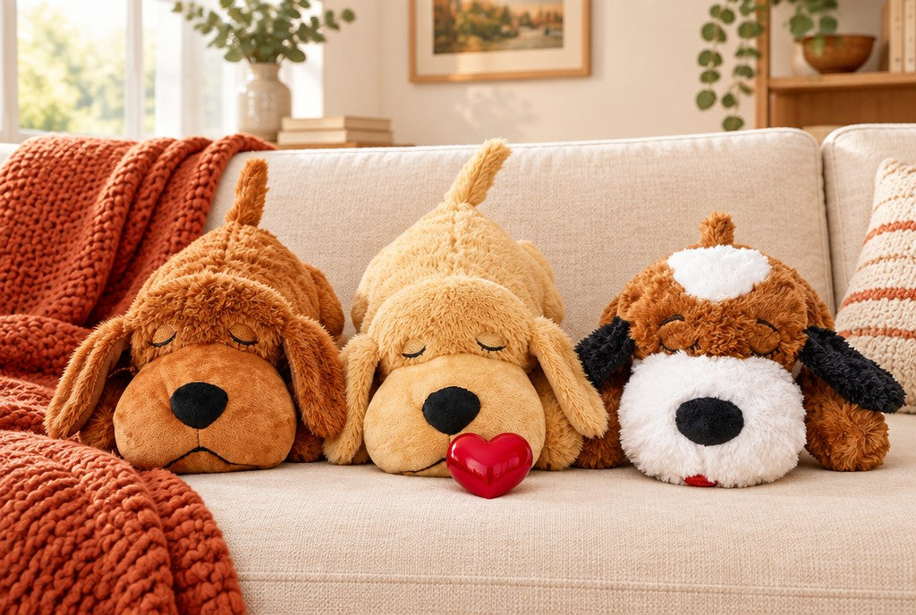 Les trois designs Cœur Câlin sur un canapé