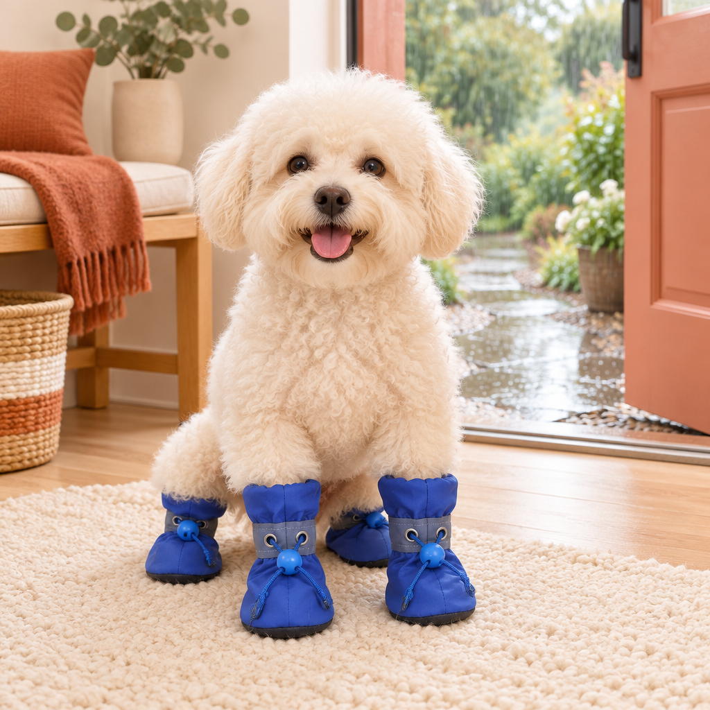 Petit chien en bottes Pattes Propres bleues, sol propre malgré la pluie dehors