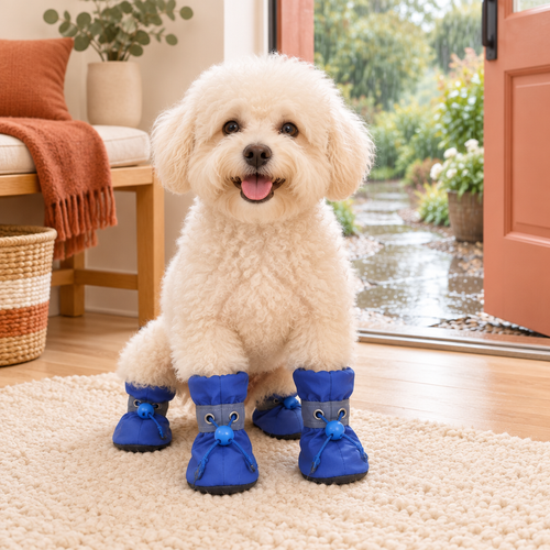 Petit chien en bottes Pattes Propres bleues, sol propre malgré la pluie dehors