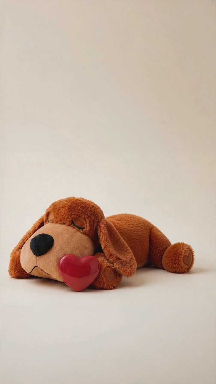 Cœur Câlin – chien apaisé contre sa peluche à cœur battant (mobile)